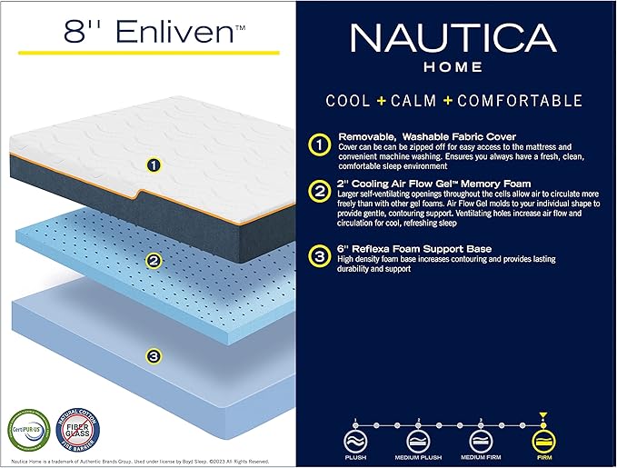 Nautica Home Enliven 8" Medium Gel Memory Foam Mattress with Cooling Air Flow and Pressure Relieving Foam Layers, Bed-in-a-Box, Queen, White