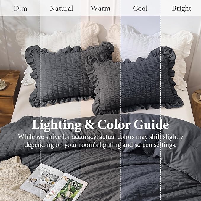 JOLLYVOGUE Dark Gray Queen Comforter Set, 3 Pieces Seersucker Bedding Comforter Sets, All Season Bed in a Bag Queen, Lightweight & Fluffy Queen Bedding Set with 1 Comforter, 2 Ruffle Pillowshams