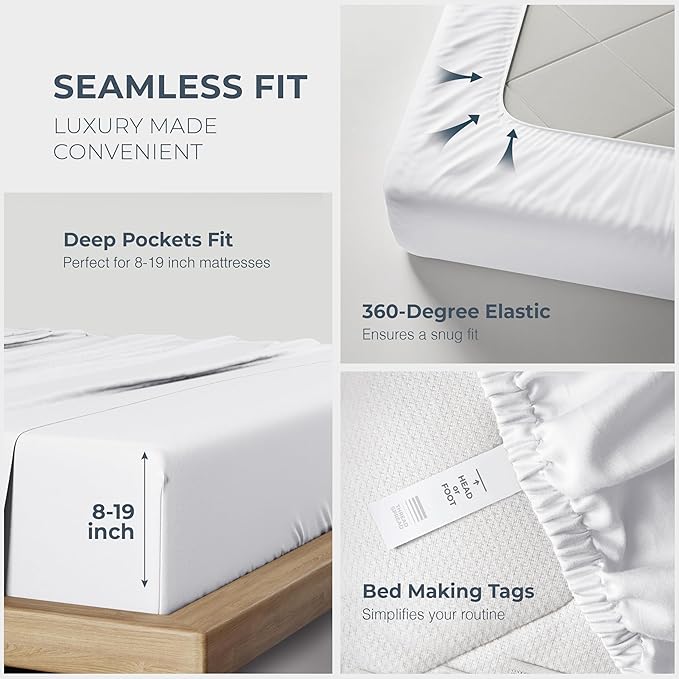 THREAD SPREAD 100% Egyptian Cotton Split King Sheets Sets for Adjustable Bed - 1500 Series Split Top King Sheets (5 PC, White), Silky Soft, Sateen Weave, Cooling & Breathable, 17" Deep Pocket Bed Set