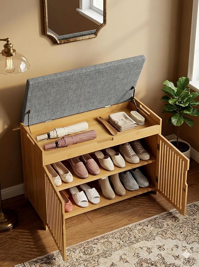 WISUCART Shoe Storage Bench with Cushion Seat, Bamboo Entryway Shoe Rack Bench, 2-Tier Shoe Organizer for Entryway, Bedroom, Hallway, Living Room, Holds Up to 330 lbs, Nature