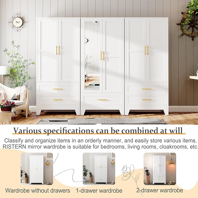 RIETERN Metal Armoire Wardrobe 71" Tall Closet, Bedroom Closet with Mirror, 1 Drawer, Adjustable Shelves, and Hanging Rod, Steel Clothes Closets and Storage, for Bedroom White
