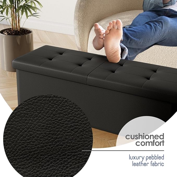 Storage Ottoman Bench with Bins, 43-in Storage Bench for Bedroom End of Bed, Folding Foot Rest Ottoman for Living Room Max 660lbs, Faux Leather Ottomans, Black