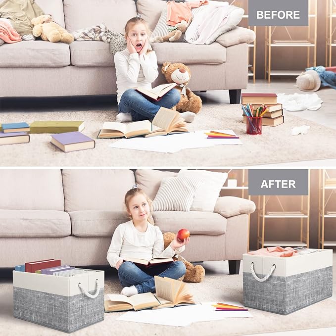 Fab totes Storage Bins 4-Pack, Foldable Storage Baskets for Organizing Toys, Books, Shelves, Closet, Large Storage Box with Rope Handles, Sturdy Organizer Bins, White & Grey