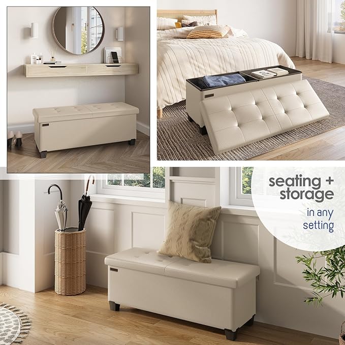 Storage Ottoman Bench with Bins, 43-in Storage Bench for Bedroom End of Bed, Folding Foot Rest Ottoman for Living Room Max 660lbs, Leather Ottomans, Beige