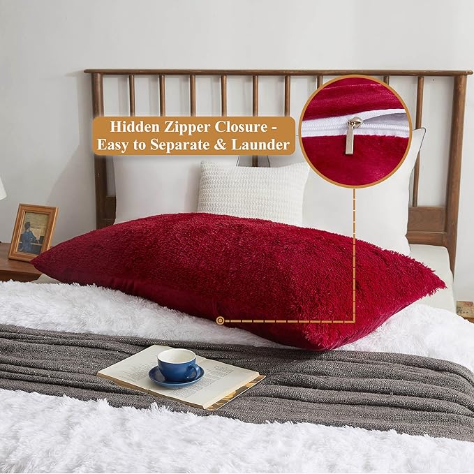 XeGe Soft Plush Body Pillow Cover, 20x54 Big Fluffy Body Pillowcase, Boho Faux Fur Fuzzy Long Decorative Pillow Sham for Bedroom Sofa Couch, Solid Shaggy Throw Bed Pillow Case Red