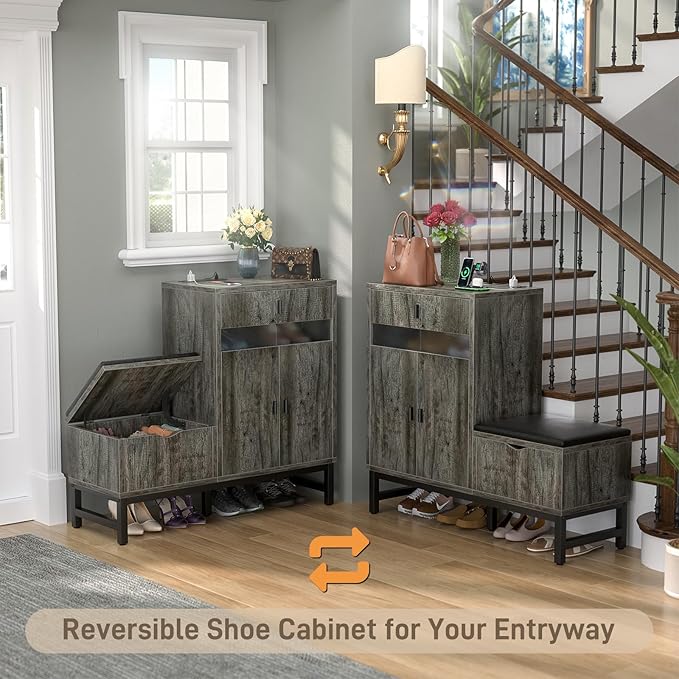Armocity Shoe Cabinet Storage for Entryway - Freestanding Shoe Rack Bench with LED Lights & Power Outlets, Reversible Shoe Storage Cabinet Organizer with Drawer and Hidden Compartment, Grey Oak