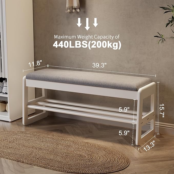 AQIMUELE Shoe Rack Bench,2 Tiers Shoe Bench with Storage with Flip-Top,Wood Shoe Rack for Entryway,Hallway（White Upholstered Seat,11.8" D x 39.3" W x 15.7" H）