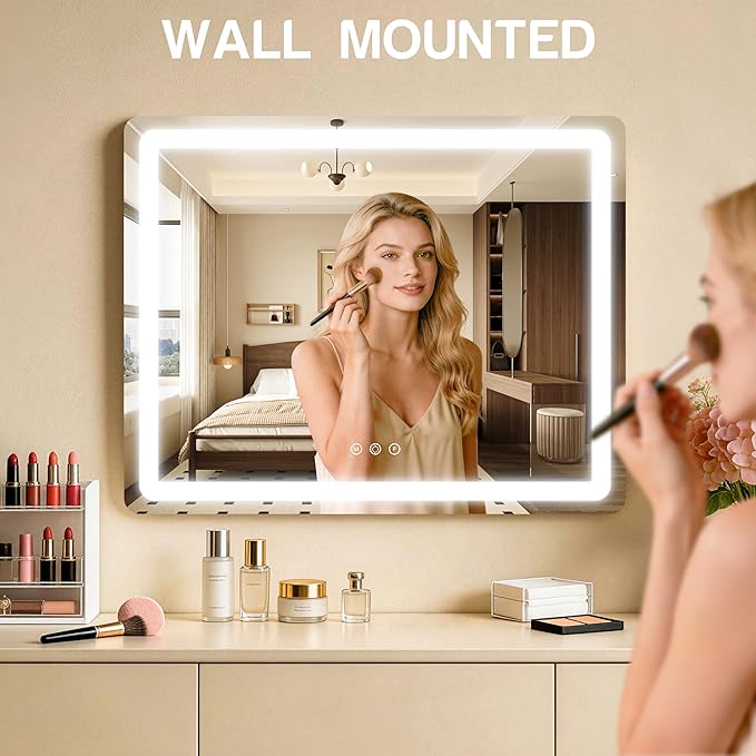 ROLOVE 23"x18" Gold Vanity Mirror with Lights, Large Lighted Makeup Mirror with 10X Magnifier, 3 Color Lighting & Stepless Dimming, Wall Mounted or Tabletop Desk Mirror for Bedroom