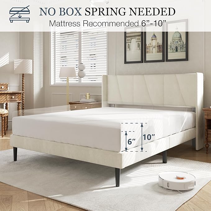 HAOARA Full Size Bed Frame with Headboard, Velvet Upholstered Platform Bed Frames, Contemporary Mattress Foundation, Noise Free, No Box Spring Needed, Easy Assembly, Beige