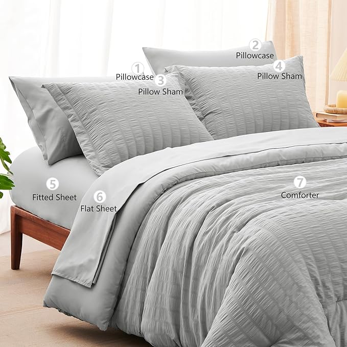 CozyLux King Size Comforter Set Light Grey Seersucker 7 Pieces Bed in a Bag King Comforter Set with Sheets, Light Gray Luxury Bedding Sets with Down Alternative Comforter, Sheets, Pillowcases & Shams