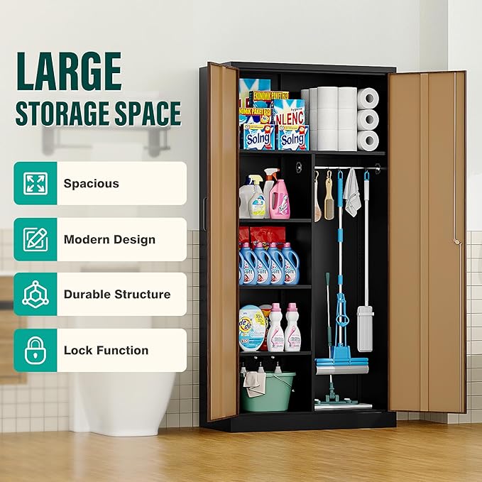 SISESOL Wide & Deep Metal Storage Cabinet with Hanging Rod,Broom Closet Storage Cabinet with Lock,72" Tall Wardrobe Cabinets with Doors and Shelves,Locking Steel Tool Cabinets for Home,Office,Garage