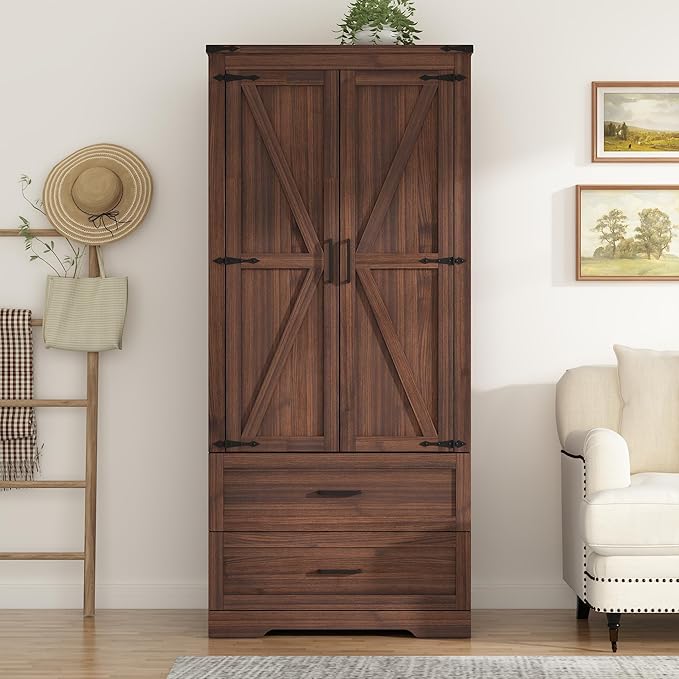St.Mandyu Farmhouse Wardrobe Armoire Closet with 2 Doors and 2 Drawers, 70.1" Wooden Clothing Storage Cabinet, Freestanding Large Capacity Storage Wardrobe Armoire with Hanging Rod for Bedroom, Brown