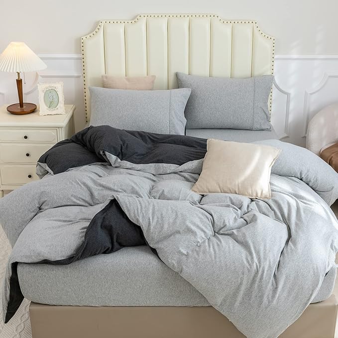 PURE ERA Jersey Knit Duvet Cover Set 100% T-Shirt Cotton Super Soft Comfy 3pc Bedding Set with Zipper Closure (Heather Charcoal Grey/Grey, Queen)