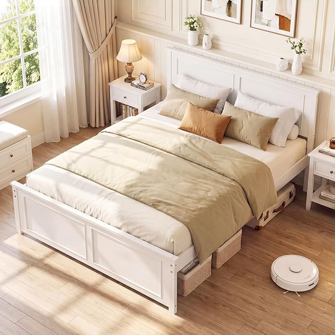 Giantex Wood Full Size Bed Frame with Headboard, Farmhouse Solid Platform Bed w/Wooden Slat Support Mattress Foundation, Under-Bed Storage, No Box Spring Needed, White