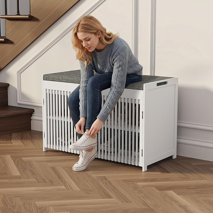 WISUCART Shoe Storage Bench with Cushion Seat, Bamboo Entryway Shoe Rack Bench, 2-Tier Shoe Organizer for Entryway, Bedroom, Hallway, Living Room, Holds Up to 330 lbs, White