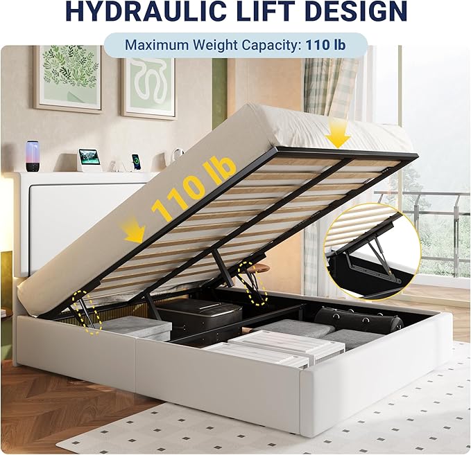 Allewie Queen Size Lift Up Storage Bed Frame with Charging Station & LED Lights, Adjustable Velvet Upholstered Storage Headboard, Type-C & USB Ports, Hydraulic Support, No Box Spring Needed, White