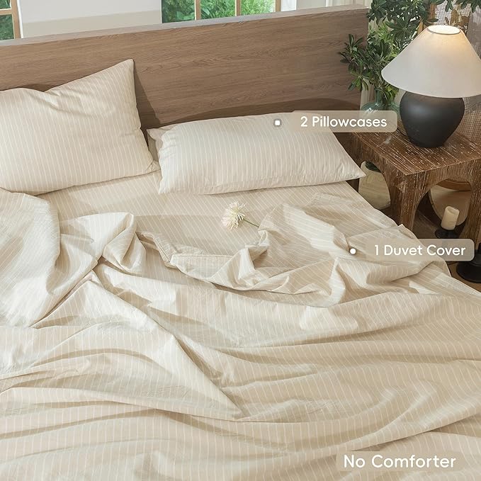 MooMee Striped Duvet Cover Set 100% Washed Cotton Linen Like Textured Breathable Durable Soft Comfy (Almond Milk Grey White Wide Stripes, Full 80"x90")