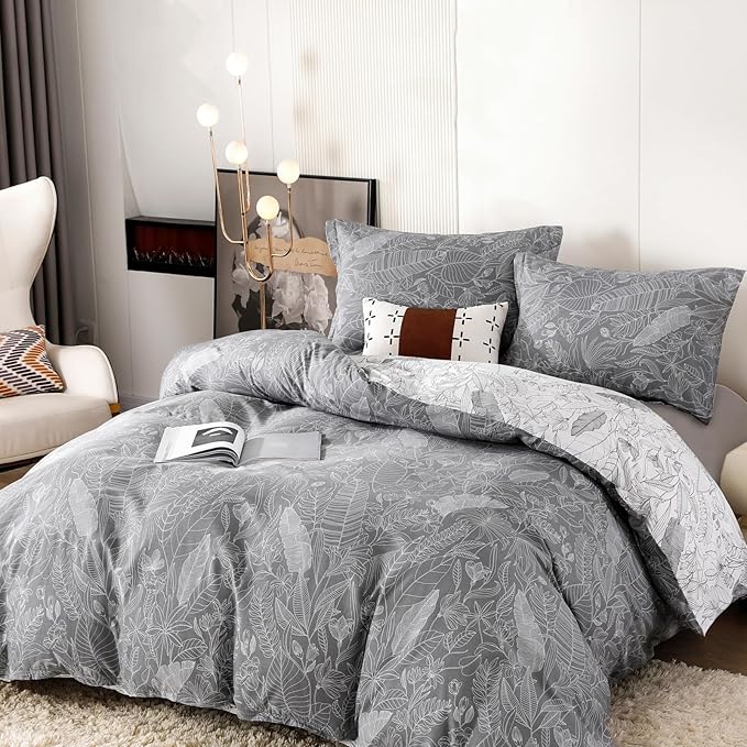 OAITE Duvet Cover Set,100% Cotton Comforter Cover with Leaf Pattern Duvet Cover Set,Soft Bedding Set Includes with 3 Piece (2 Pillow Shams,1 Duvet Cover)