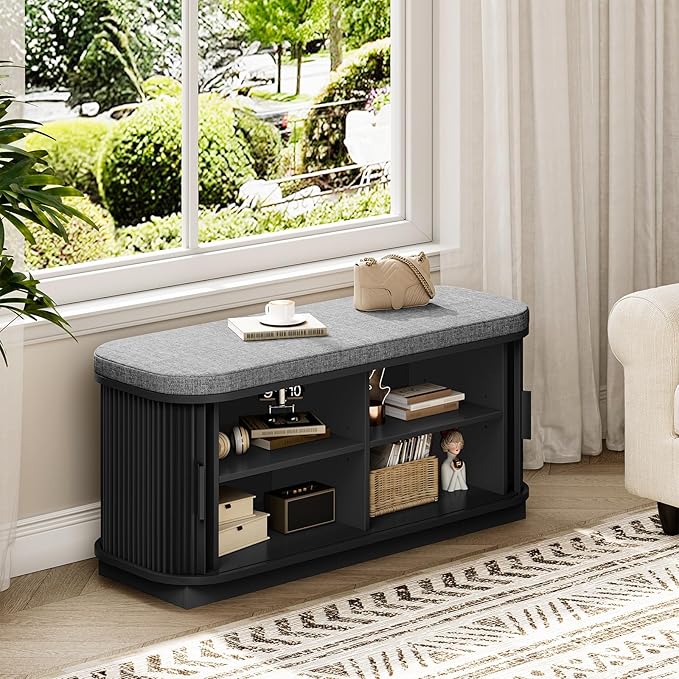 CHOEZON Shoe Storage Bench, Entryway Bench with Storage, Shoe Bench with Cushion and Sliding Door, Fluted Storage Bench, Entry Bench for Entryway, Hallway, Living Room, Bedroom, Black and Gray MHX02BB