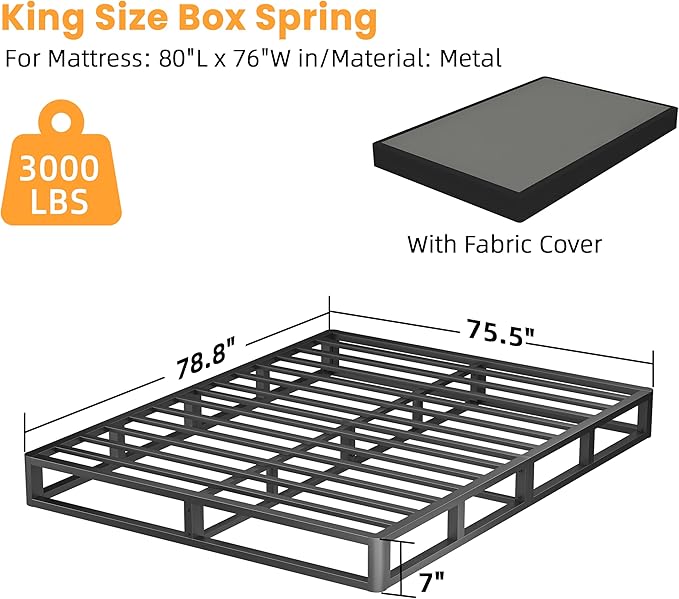 VIPSHOW 7 Inch King Metal Box Spring with Round Corners - 3000 lbs Capacity, High Profile Heavy Duty Mattress Foundation with Steel Slats, Noise-Free, Easy Assemble, Black