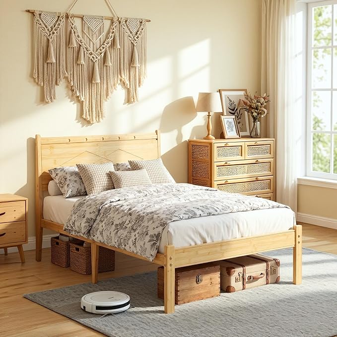 Askeld 14 inch Bamboo Twin Bed Frame with Headboard, Light Cottagecore Solid Wood Platform Bed with Heavy Duty Metal Slats, No Box Spring Needed, Easy Assembly, Noise Free
