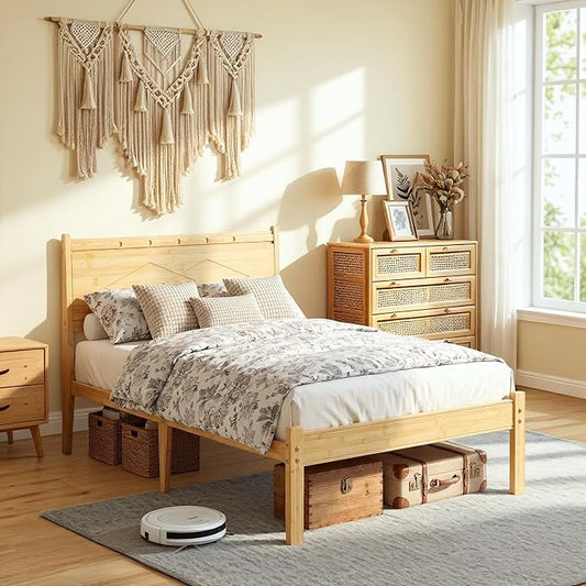 Askeld 14 inch Bamboo Twin XL Bed Frame with Headboard, Light Cottagecore Solid Wood Platform Bed with Heavy Duty Metal Slats, No Box Spring Needed, Easy Assembly, Noise Free