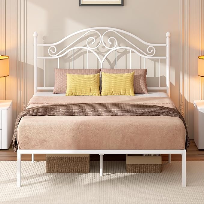 Elephance Headboard for Queen Size Bed Frame, Vintage Platform Bed Metal Headboard Only, Height Adjustable, Sturdy and Stable, Queen Size, Easy Assembly,White