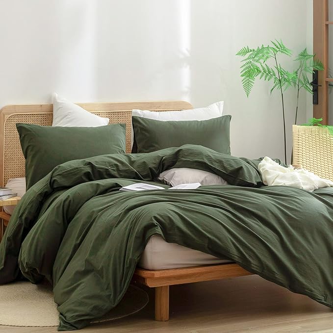 BESTOUCH Duvet Cover Set 100% Washed Cotton Linen Feel Super Soft Comfortable Chic Lightweight 3 PCs Home Bedding Set Solid Olive Green Oversized Queen