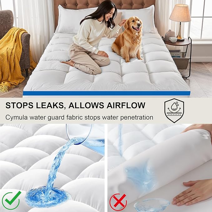 CYMULA Full XL Mattress Topper Waterproof, Thick Mattress Pad Cover, Cooling Pillow Top Mattress Topper with 8-21 Inch Elasticated Deep Pockets, Plush Down Alternative Fill Mattress Protector