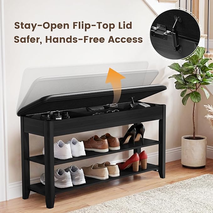 LBT Solid Wood Entryway Shoe Storage Bench, 31.5" Black, Adjustable Shelf, Flip-Top Hidden Compartment, Padded Leather Seat, 2-Tier Shoe Rack, Supports up to 550 lbs for Entryway, Mudroom, Closet