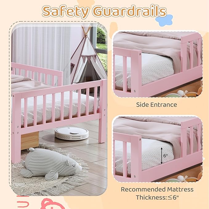 Bellemave Twin Bed Frames with Rails for Kids, Twin Bed Frame with Storage Drawers and Headboard Storage Rack for Kids，Pink
