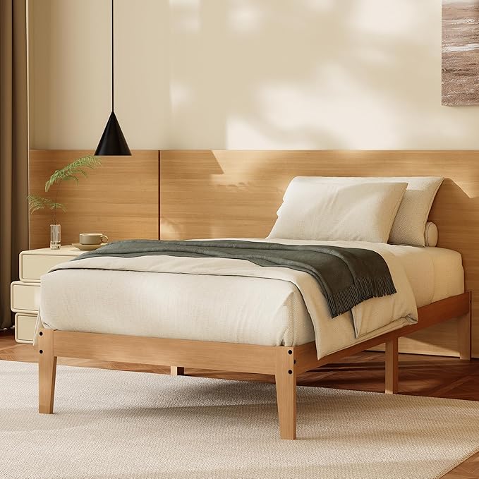 Tyndall Twin Size Bed Frame, 12 Inch Natural Solid Wood Platform Bed with Wooden Slats Support, Underbed Storage Space, No Box Spring Needed, Noise Free, Easy Assembly