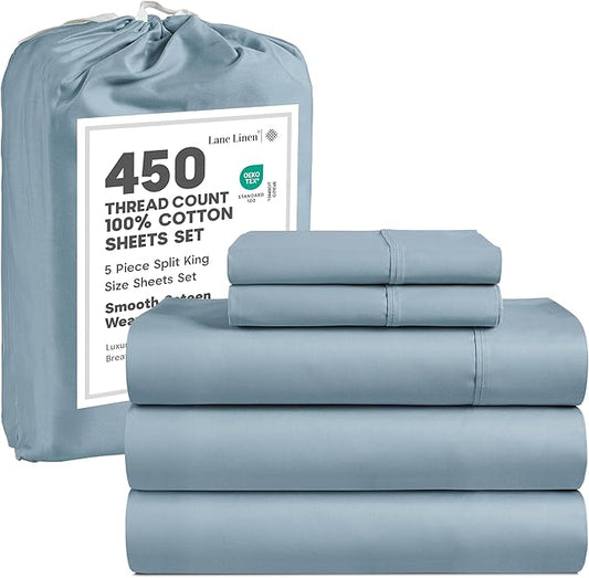 LANE LINEN 100% Cotton 450 Thread Count Split King Sheets Set for Adjustable Beds, Sateen Weave Hotel Quality, Fully Elasticized Oeko Tex Certified Sustainably Produced Machine Washable - French Blue