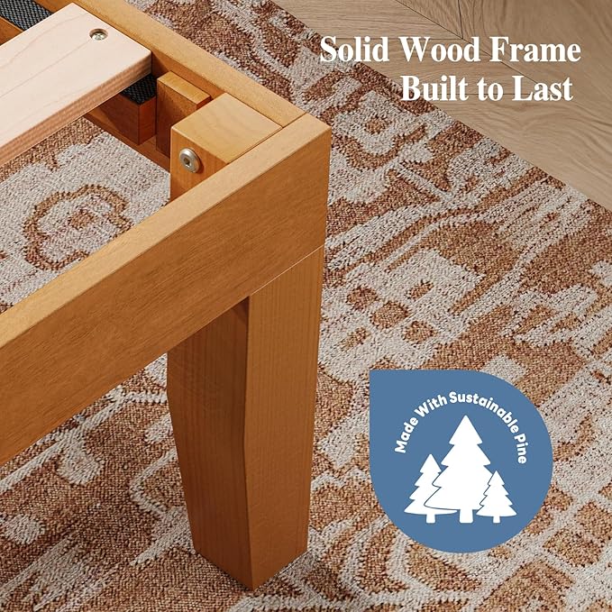 DUMOS 14 Inches Full Size Wood Platform Bed Frame, Solid Wooden Mattress Foundation with Heavy Duty Wood Slat Support, Sturdy, No Box Spring Needed, Natural Pine