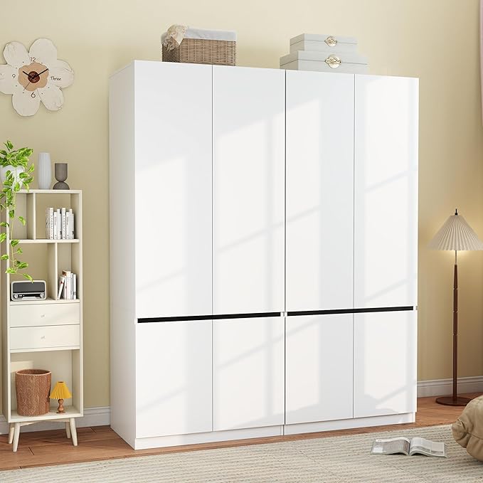 Armoire Wardrobe Closet with Doors: 75" White Large Wardrobe Closet with 4 Doors, Clothes Cabinets for Bedroom Armoires with Storage, Wood Wardrobes Closets for Hanging Clothes (C+C, 63")