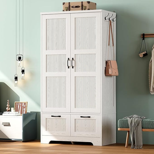 ANCTOR Armoire Wardrobe Closet, 71" H Wooden Clothing Storage Cabinet with 2 Doors and 2 Drawers, Bedroom Freestanding Wardrobe Combination with Hanging Rod and Shelves, White