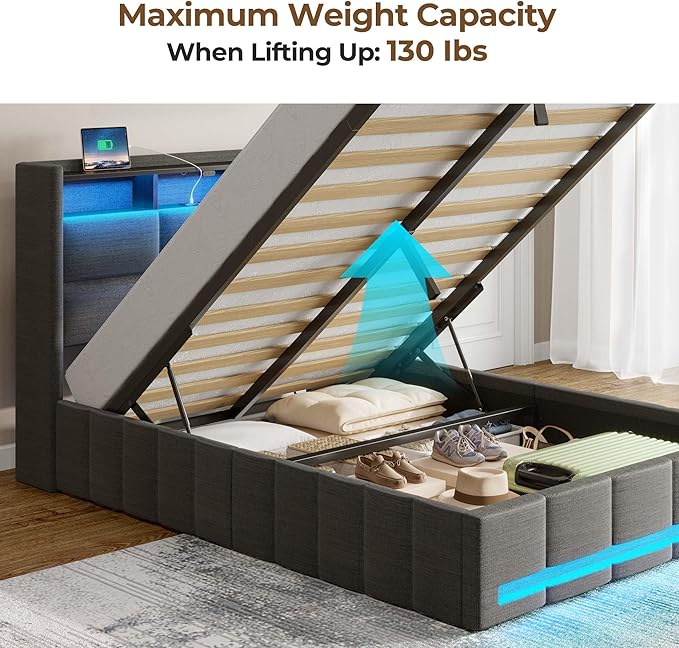 Rolanstar Bed Frame Twin Size with Lift Up Storage, Charging Station & LED Lights, Upholstered Storage Headboard, Heavy Duty Wooden Slats, No Box Spring Needed, Noise Free, Easy Assembly, Dark Grey
