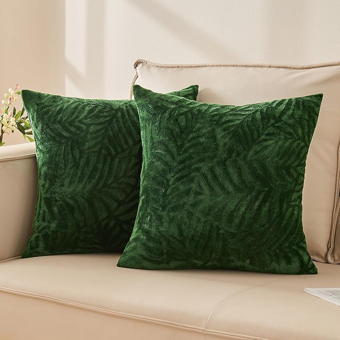 SOCHOW Decorative Throw Pillow Covers 18x18 Inches Set of 2, Soft Leaves Textured Flannel Fleece Pillowcase Square Cushion Covers for Sofa Couch Bed, Olive Green
