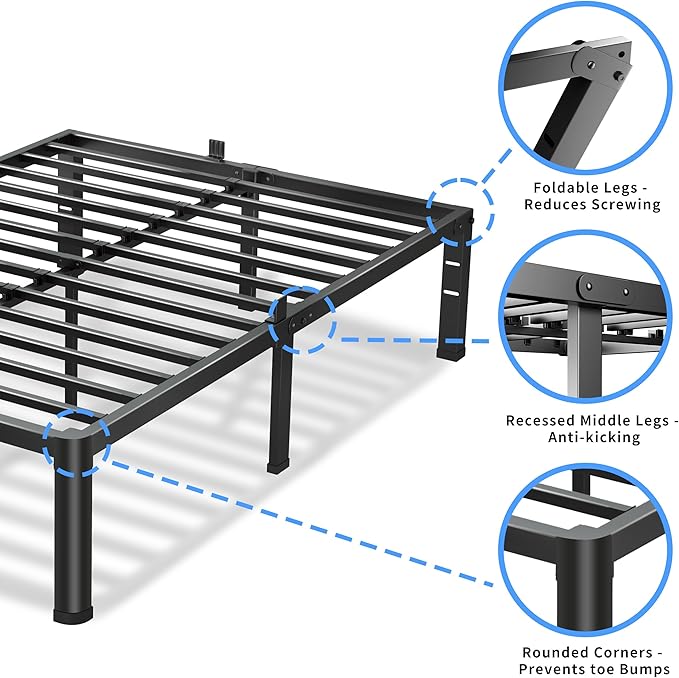 VIPSHOW 16 Inch King Size Bed Frame, 3500Lbs Heavy Duty Metal Platform with Round Corner Legs Mattress Slide Stopper, Steel Slat Support No Box Spring Needed, Noise Free, Non-Slip, Easy Assembly