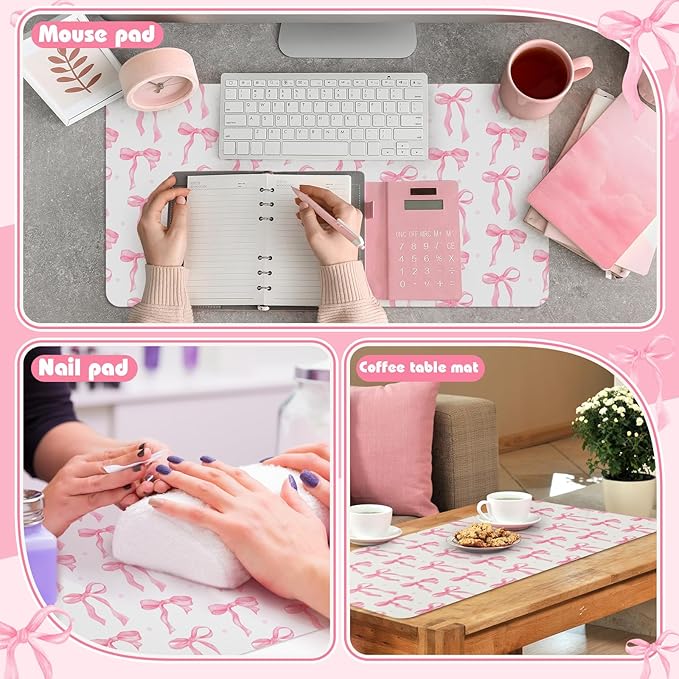 Teenyyou Coquette Bow Makeup Mat for Vanity Top Protector Graduation Gift Dual Side Leather Desk Mouse Pad Girly Waterproof Nonstick Dressing Accessories for Women Home Office(Pink,11.8"x23.6")