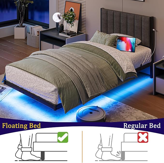 Floating Twin Bed Frame with LED Lights & USB Charging Station,Metal Platform Bed with Strong Slats Support,Floating Bed Frame Twin Size with Upholstered Headboard,Easy Assembly,Noise Free,Gray