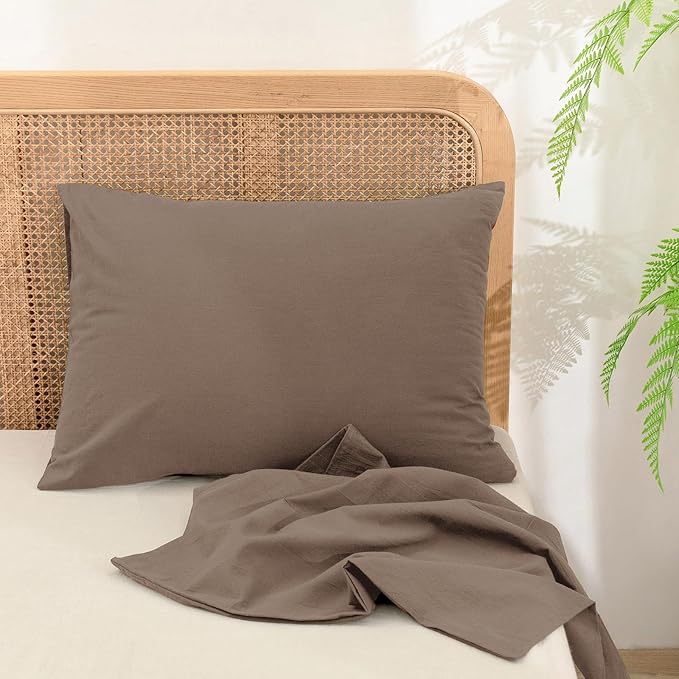 BESTOUCH 100% Washed Cotton Pillowcase for Hair and Skin Linen Feel Soft Comfortable Breathable 2 Set Pillow Case with Envelope Closure Solid Pine Bark Brown King 20x36 Inches