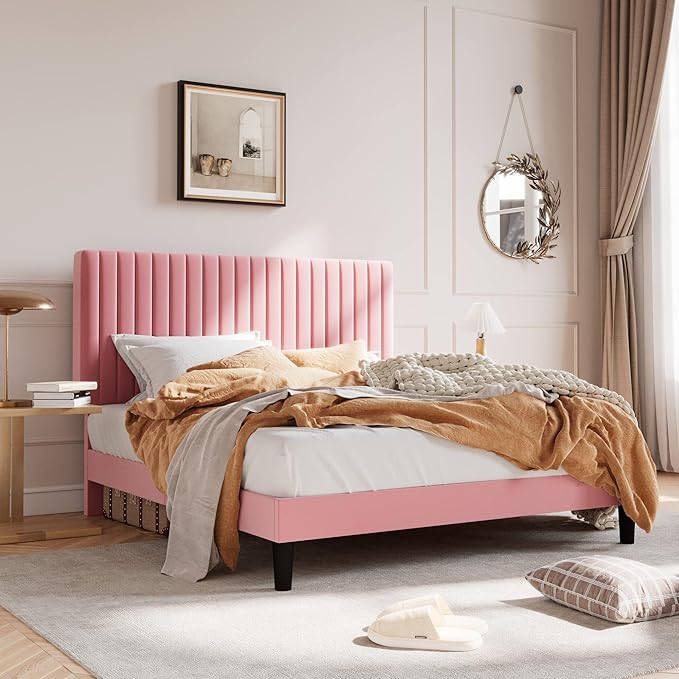 SHA CERLIN Queen Upholstered Platform Bed Frame with Adjustable Headboard/Vertical Channel Tufted Velvet Fabric/Wooden Slats Support/Mattress Foundation/Box Spring Optional/Pink