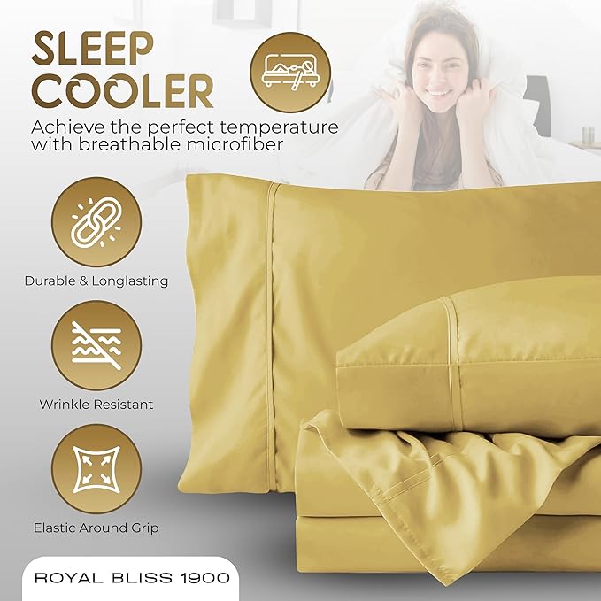 Split Queen Sheets - 5 Pcs Set for Adjustable Bed - Soft, Wrinkle-Resistant (Gold)