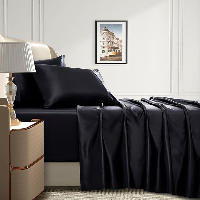 Homiest 4pcs Extra Deep Pocket Satin Sheets - King Size Bed Set, 18-24 Inch Deep Pocket Bed Sheets in Black, Luxury Fitted Sheet Set Fits Ultra Deep Mattress