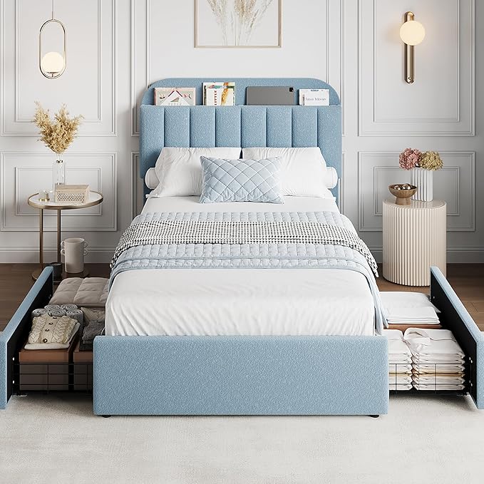 GarveeHome Twin Bed Frame with Storage Headboard, Kids Bed Frame with 2 Drawers, Boucle Upholstered Platform Bed with Bookcase, No Box Spring Needed, Easy Assembly, Blue