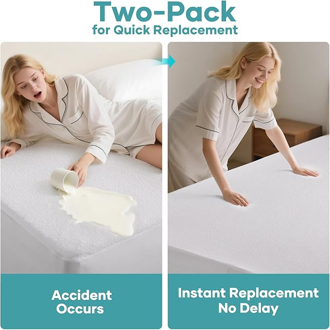 OhGeni 2 Pack Full Size Mattress Protector, 100% Waterproof, Fitted Sheet with Deep Pockets, 6''-18'', Premium Noiseless Breathable Soft Material, Mattresses Cover for Bed