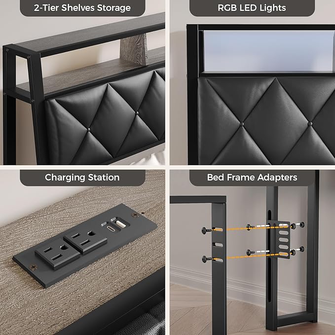 King Headboard Only, Headboard for King Size Bed with Storage, Upholstered Headboards with LED Lights & Charging Station, Attach Frame, Ideal for Bedroom/Dorm/Guest Room, Black, Faux Leather