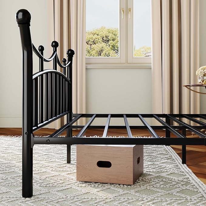 Allewie 14 Inches Queen Size Metal Platform Bed Frame with Elegant Crown Iron-Art Headboard & Footboard, Sturdy Mattress Foundation with Under-Bed Storage, Easy Assembly, No Box Spring Needed, Black