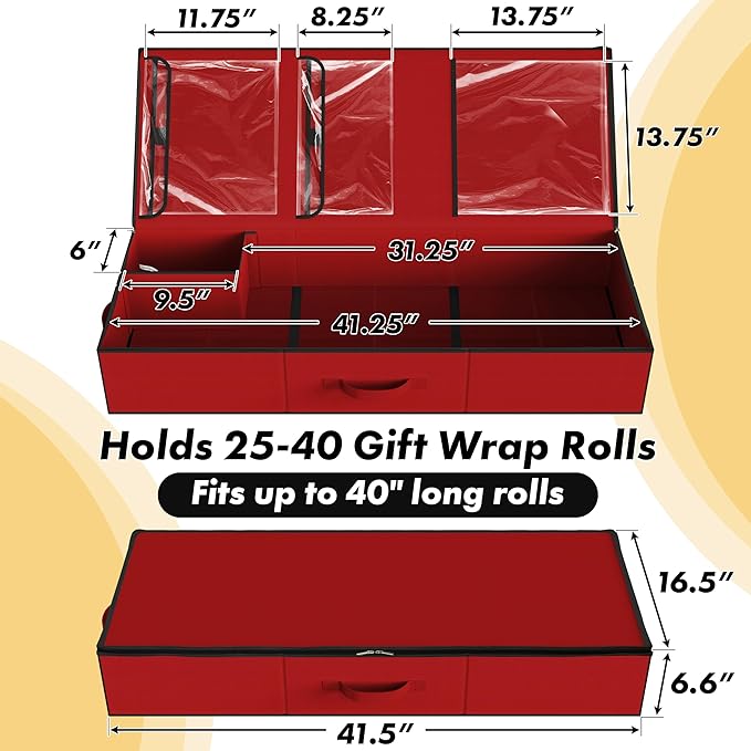 Simple Houseware 41.5" Wrapping Paper Storage Organizer - Fits 40 Rolls with Adjustable Straps, Interior Divider for Ribbons & Bows, 3 Clear Pockets for Gift Bags & Tools, 41.5''L x 16''W, Red